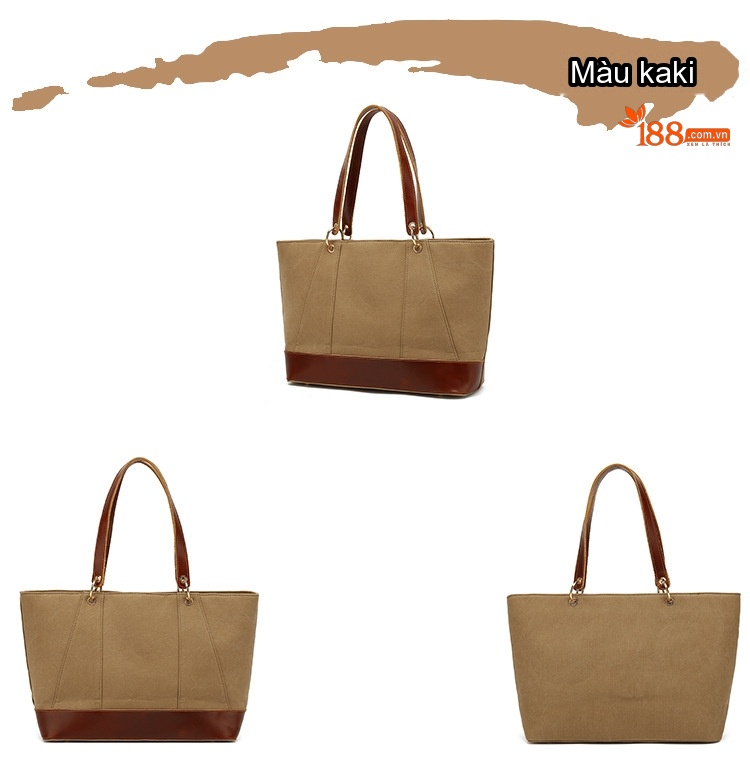 Túi Tote Nữ Vải Canvas Da Thật Đeo Vai, Đeo Chéo Chống Nước Màu Nâu, Đen, Be chi tiết 8