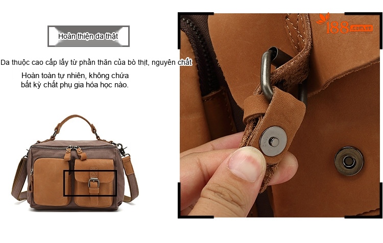 Túi Xách Tay Nữ Vải Canvas Da Thật Đeo Chéo Màu Nâu, Be chi tiết 12