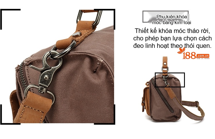 Túi Xách Tay Nữ Vải Canvas Da Thật Đeo Chéo Màu Nâu, Be chi tiết 13