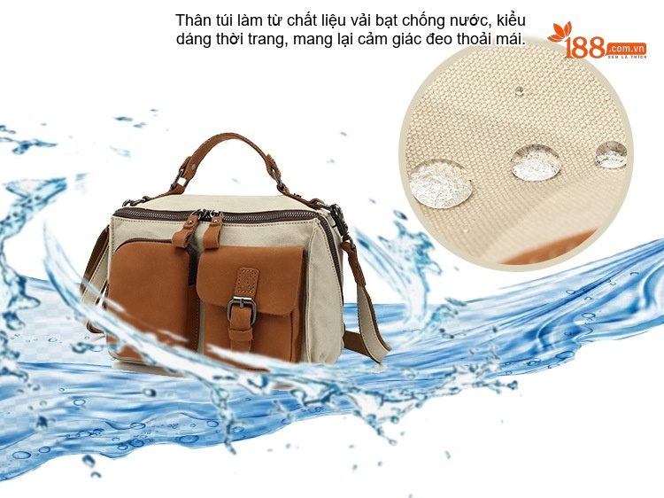 Túi Xách Tay Nữ Vải Canvas Da Thật Đeo Chéo Màu Nâu, Be chi tiết 2