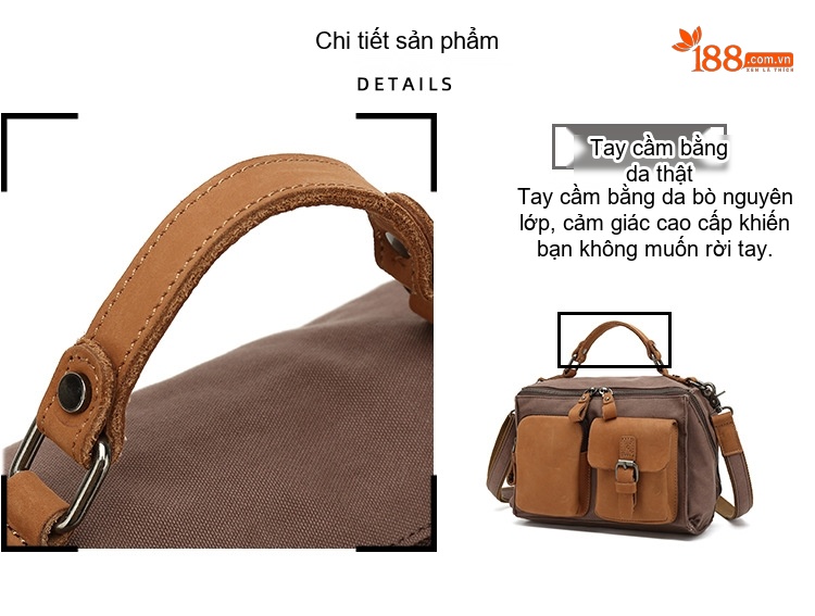 Túi Xách Tay Nữ Vải Canvas Da Thật Đeo Chéo Màu Nâu, Be chi tiết 11