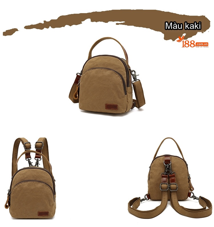 Balo Mini Nữ Vải Canvas Chống Nước Quai Da Thật Màu Nâu, Be chi tiết 7