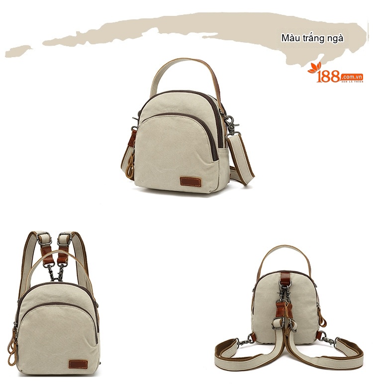 Balo Mini Nữ Vải Canvas Chống Nước Quai Da Thật Màu Nâu, Be chi tiết 5