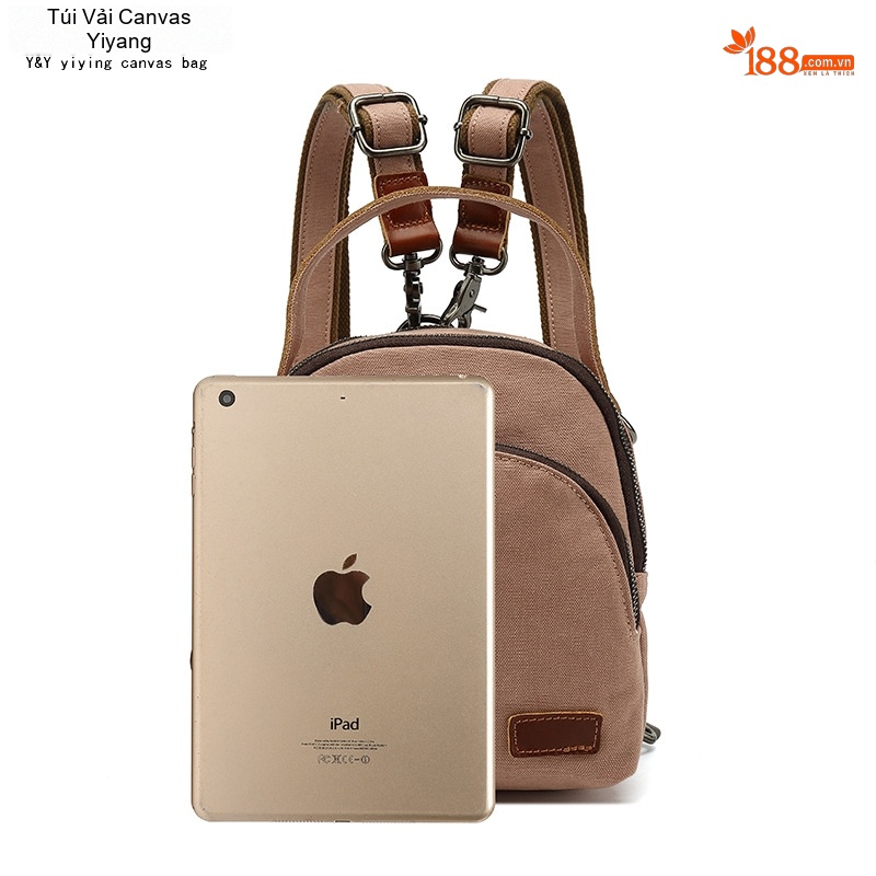 Balo Mini Nữ Vải Canvas Chống Nước Quai Da Thật Màu Nâu, Be