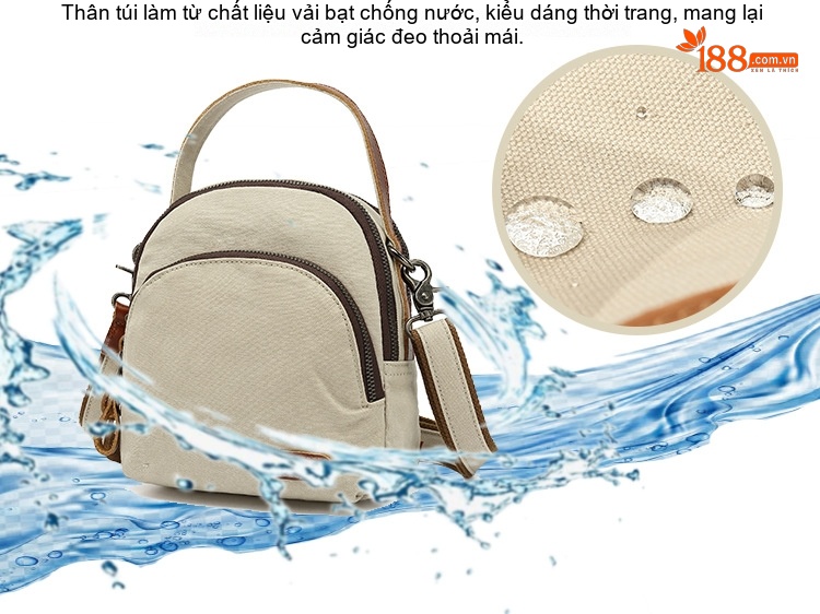Balo Mini Nữ Vải Canvas Chống Nước Quai Da Thật Màu Nâu, Be chi tiết 2