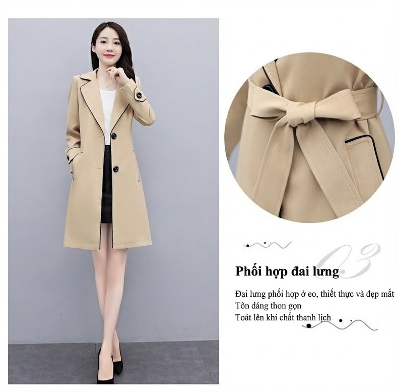 Áo Khoác Trench Coat Nữ Dáng Dài Vừa Phong Cách Thời Trang Thu Đông Màu Be chi tiết 6