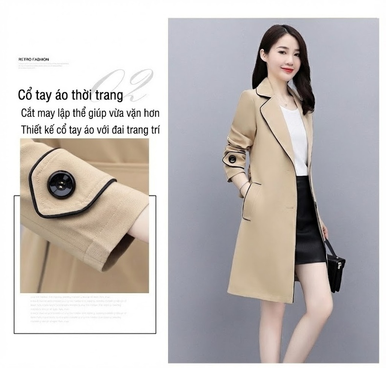 Áo Khoác Trench Coat Nữ Dáng Dài Vừa Phong Cách Thời Trang Thu Đông Màu Be chi tiết 5