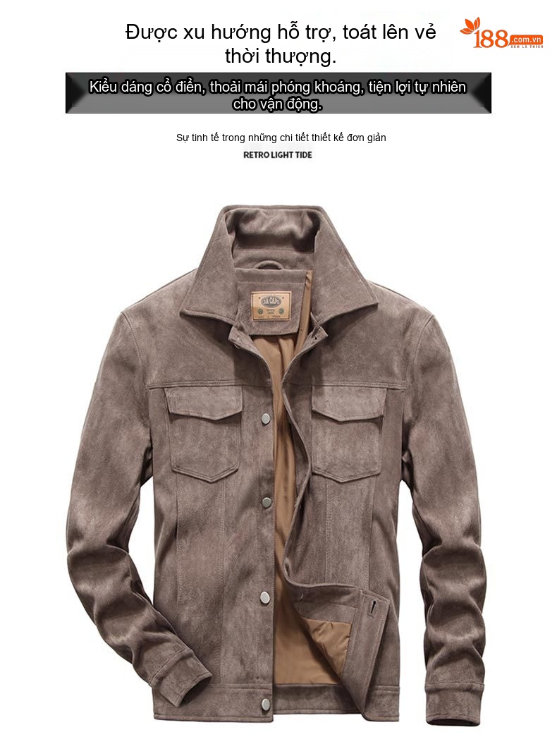 Áo Khoác Bomber Nam Da Lộn Mỏng Phong Cách Retro Màu Xám, Nâu, Be chi tiết 1