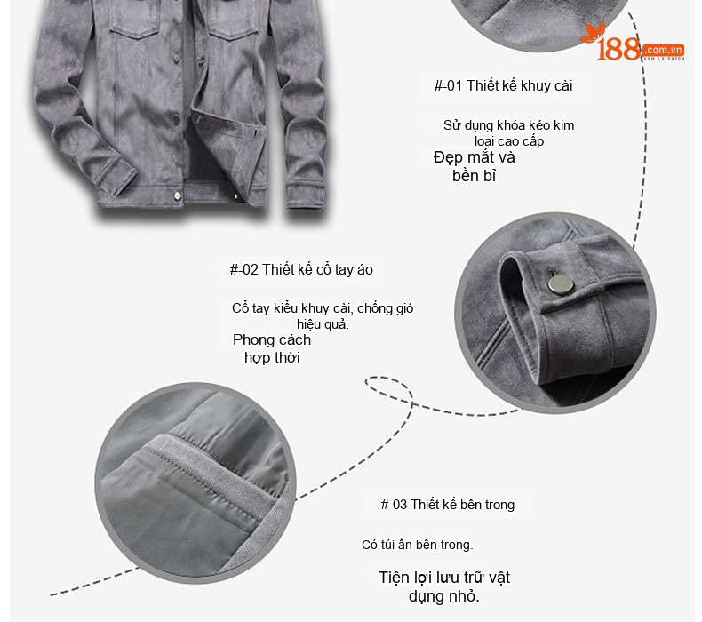Áo Khoác Bomber Nam Da Lộn Mỏng Phong Cách Retro Màu Xám, Nâu, Be chi tiết 3