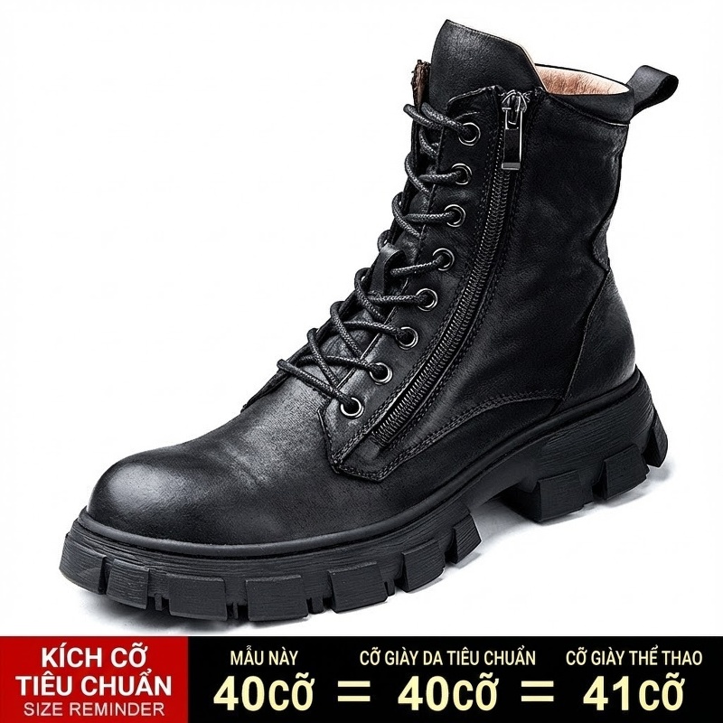 Boot Martin Nam Da Bò Cổ Cao Khóa Kéo Chiều Cao Đế Khoảng 4cm Màu Đen, Nâu