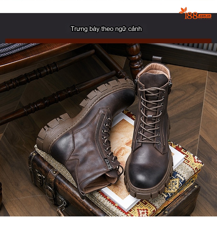 Boot Martin Nam Da Bò Cổ Cao Khóa Kéo Chiều Cao Đế Khoảng 4cm Màu Đen, Nâu chi tiết 8
