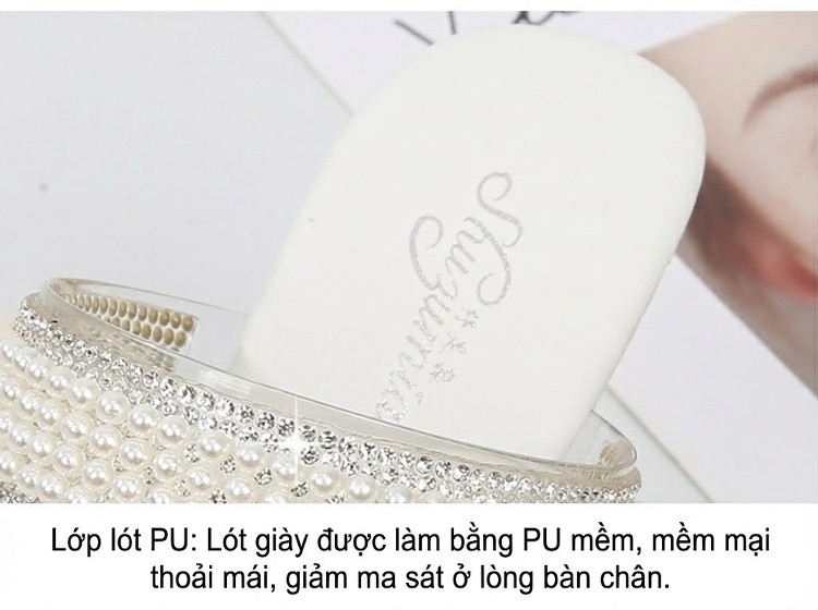 Giày Sandal Cao Gót Nữ Quai Ngang Đính Đá Gót Cao 10cm Màu Trắng, Bạc chi tiết 7