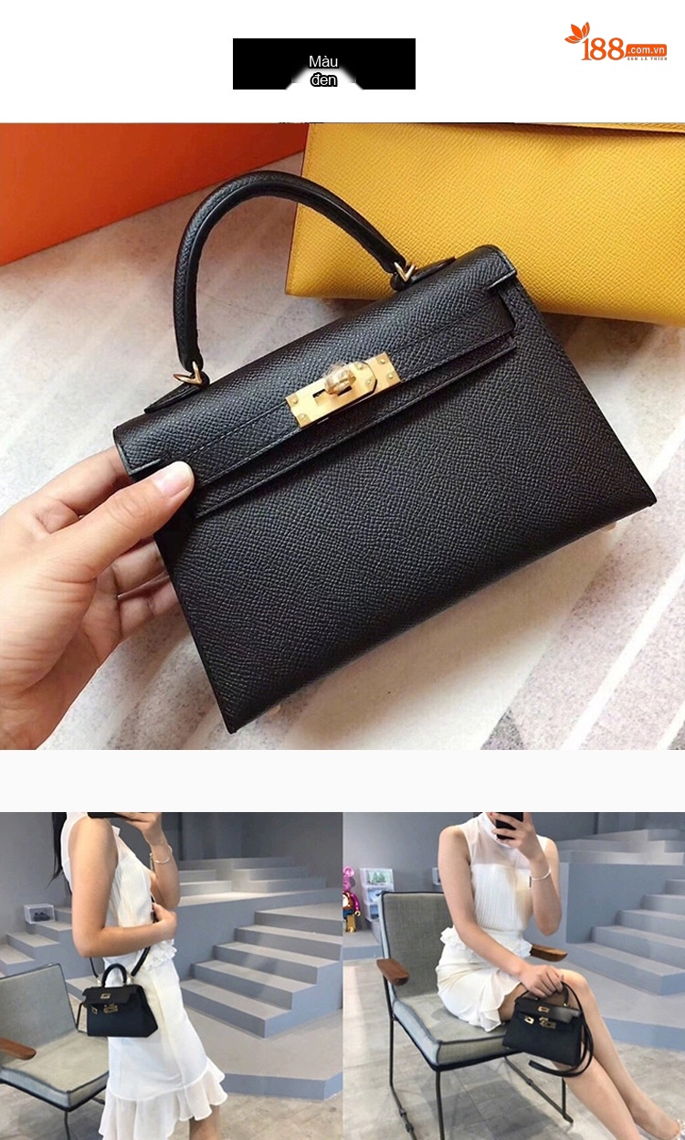 Túi Kelly Mini Da Bò Vân Tay Cầm Tay Đeo Vai Chéo Phong Cách Thời Trang Màu Trắng, Nâu, Xám, Đen... chi tiết 15