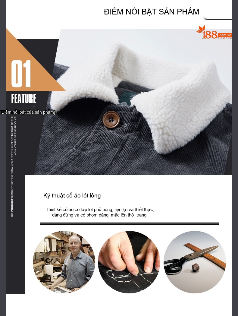 Áo Khoác Nam Cotton Lót Lông Cừu Non Dáng Rộng Màu Xám, Xanh, Nâu chi tiết 5