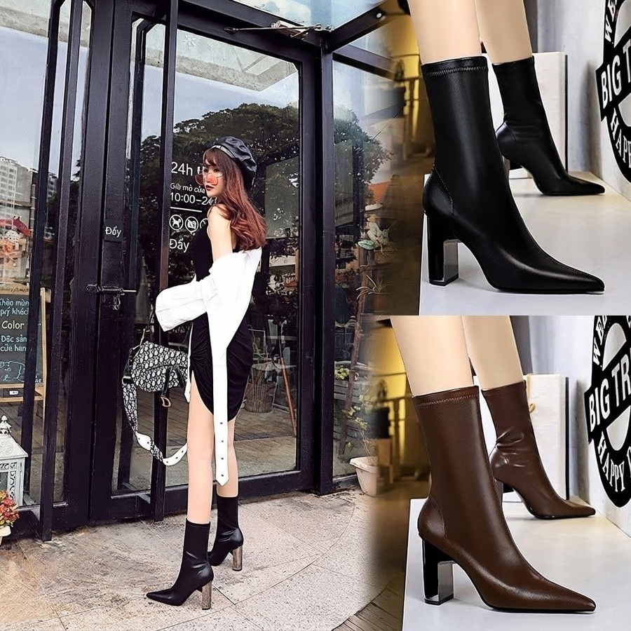 Boot Nữ Da Bóng Gót Vuông Kim Loại Mũi Nhọn Chiều Cao Đế Khoảng 8cm Màu Đen, Nâu