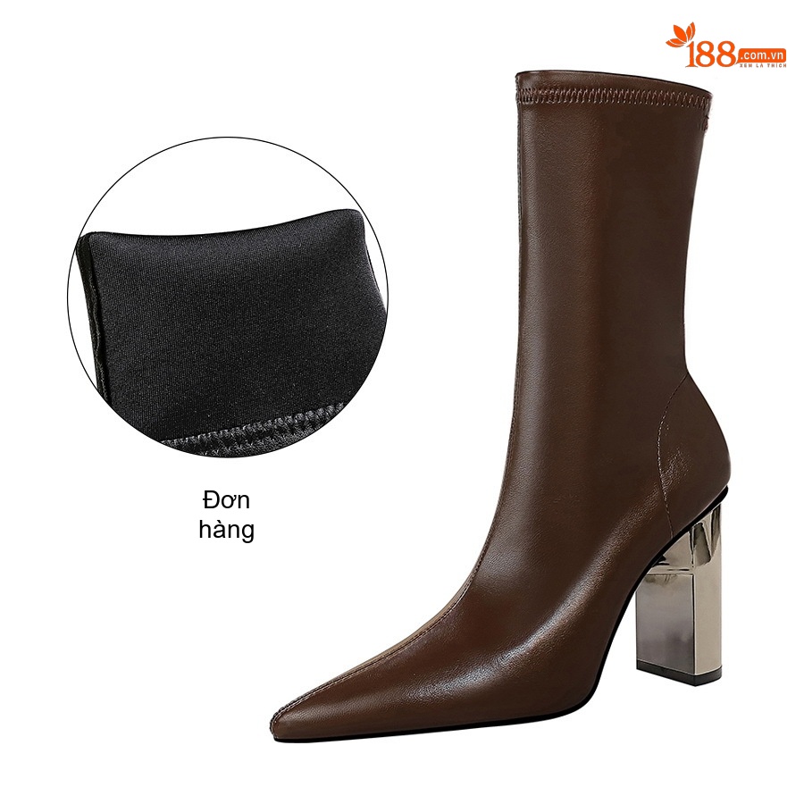 Boot Nữ Da Bóng Gót Vuông Kim Loại Mũi Nhọn Chiều Cao Đế Khoảng 8cm Màu Đen, Nâu
