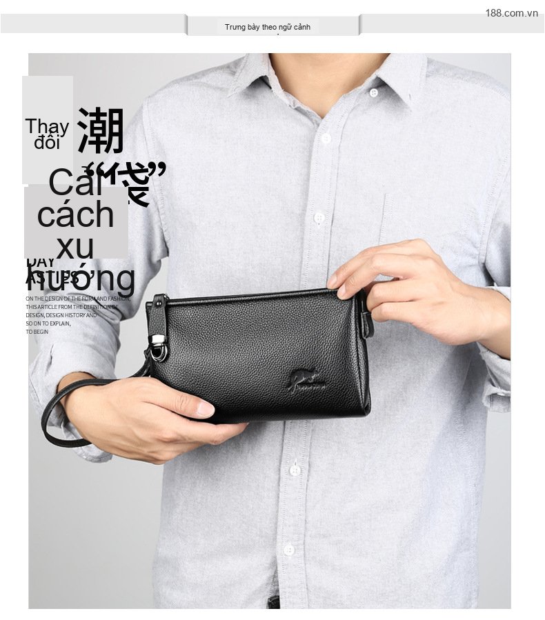 Ví Cầm Tay Nam Da Thật Khóa Bấm Phong Cách Retro Màu Đen chi tiết 19