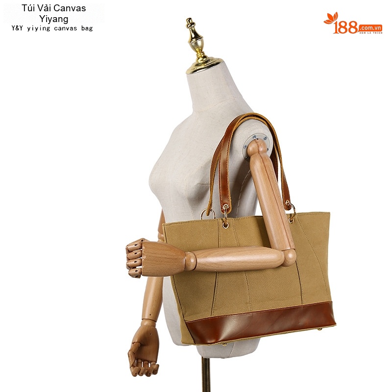 Túi Tote Nữ Vải Canvas Da Thật Đeo Vai, Đeo Chéo Chống Nước Màu Nâu, Đen, Be