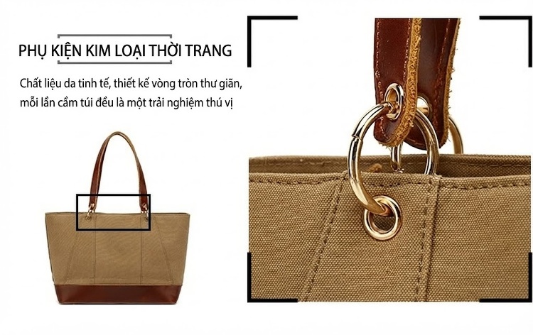 Túi Tote Nữ Vải Canvas Da Thật Đeo Vai, Đeo Chéo Chống Nước Màu Nâu, Đen, Be chi tiết 11