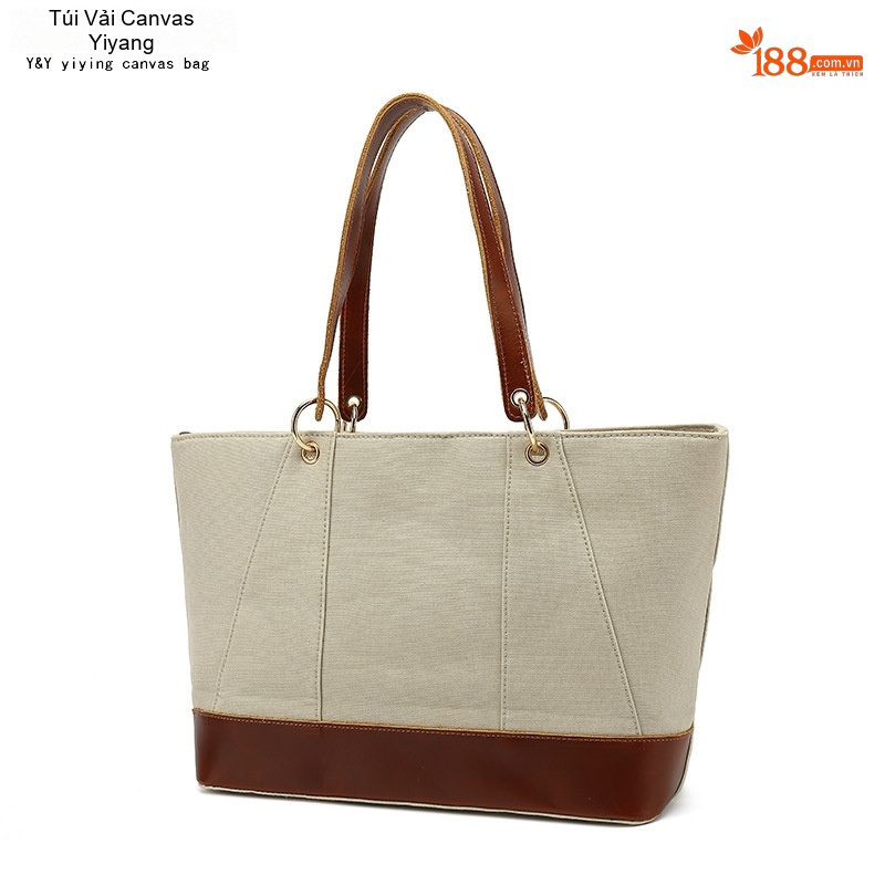 Túi Tote Nữ Vải Canvas Da Thật Đeo Vai, Đeo Chéo Chống Nước Màu Nâu, Đen, Be