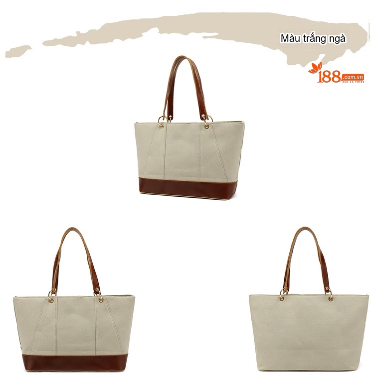 Túi Tote Nữ Vải Canvas Da Thật Đeo Vai, Đeo Chéo Chống Nước Màu Nâu, Đen, Be chi tiết 6