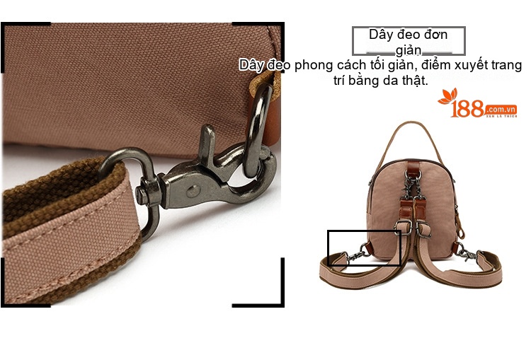 Balo Mini Nữ Vải Canvas Chống Nước Quai Da Thật Màu Nâu, Be chi tiết 11