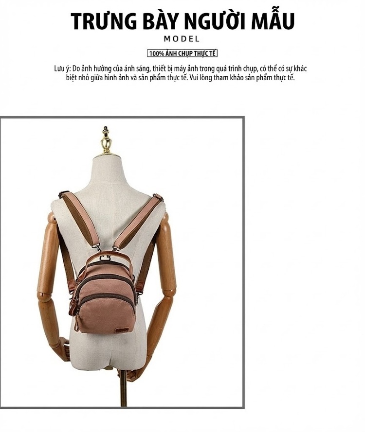 Balo Mini Nữ Vải Canvas Chống Nước Quai Da Thật Màu Nâu, Be chi tiết 3