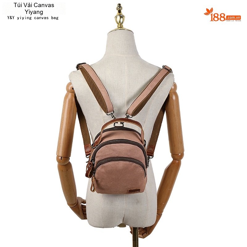 Balo Mini Nữ Vải Canvas Chống Nước Quai Da Thật Màu Nâu, Be