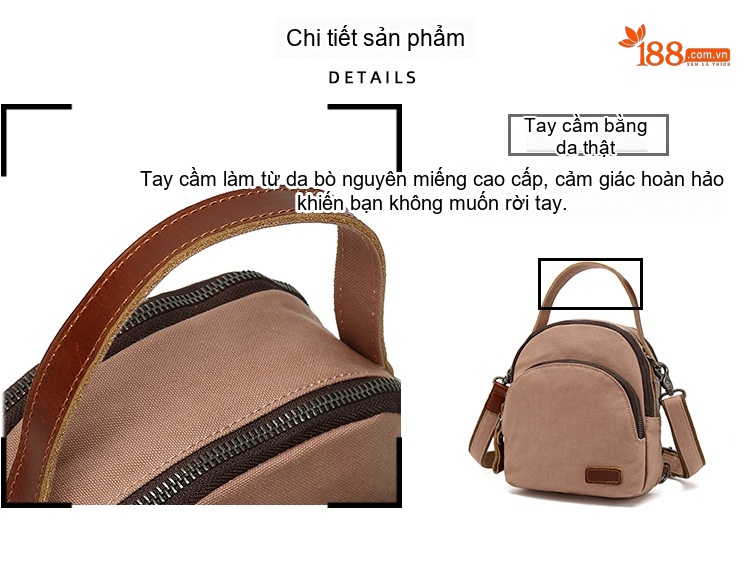 Balo Mini Nữ Vải Canvas Chống Nước Quai Da Thật Màu Nâu, Be chi tiết 9