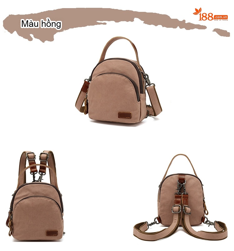 Balo Mini Nữ Vải Canvas Chống Nước Quai Da Thật Màu Nâu, Be chi tiết 8