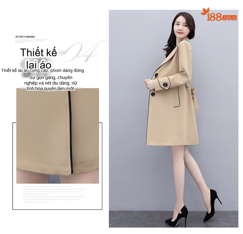 Áo Khoác Trench Coat Nữ Dáng Dài Vừa Phong Cách Thời Trang Thu Đông Màu Be chi tiết 7