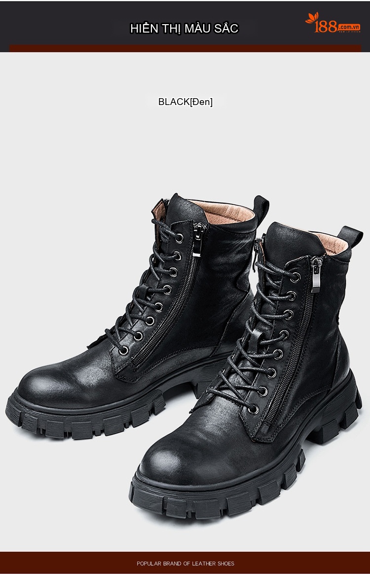 Boot Martin Nam Da Bò Cổ Cao Khóa Kéo Chiều Cao Đế Khoảng 4cm Màu Đen, Nâu chi tiết 13