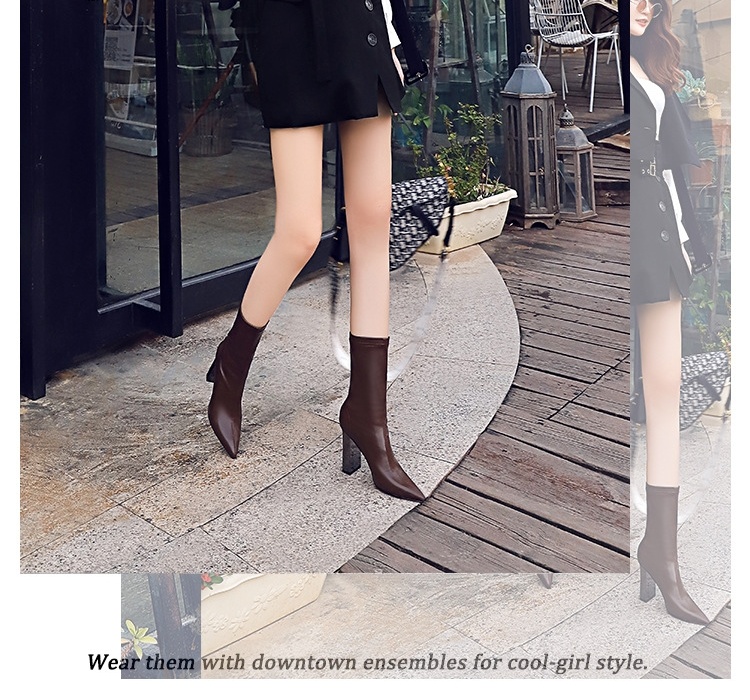 Boot Nữ Da Bóng Gót Vuông Kim Loại Mũi Nhọn Chiều Cao Đế Khoảng 8cm Màu Đen, Nâu chi tiết 8