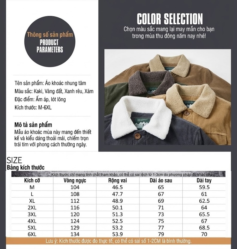Áo Khoác Nam Cotton Lót Lông Cừu Non Dáng Rộng Màu Xám, Xanh, Nâu chi tiết 2