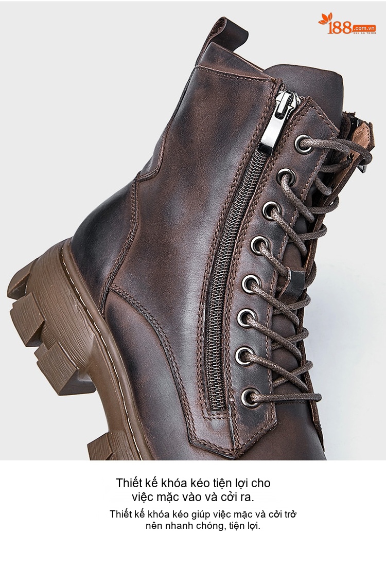Boot Martin Nam Da Bò Cổ Cao Khóa Kéo Chiều Cao Đế Khoảng 4cm Màu Đen, Nâu chi tiết 11
