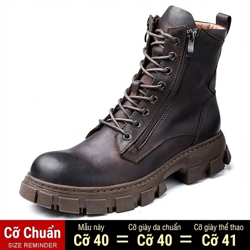 Boot Martin Nam Da Bò Cổ Cao Khóa Kéo Chiều Cao Đế Khoảng 4cm Màu Đen, Nâu