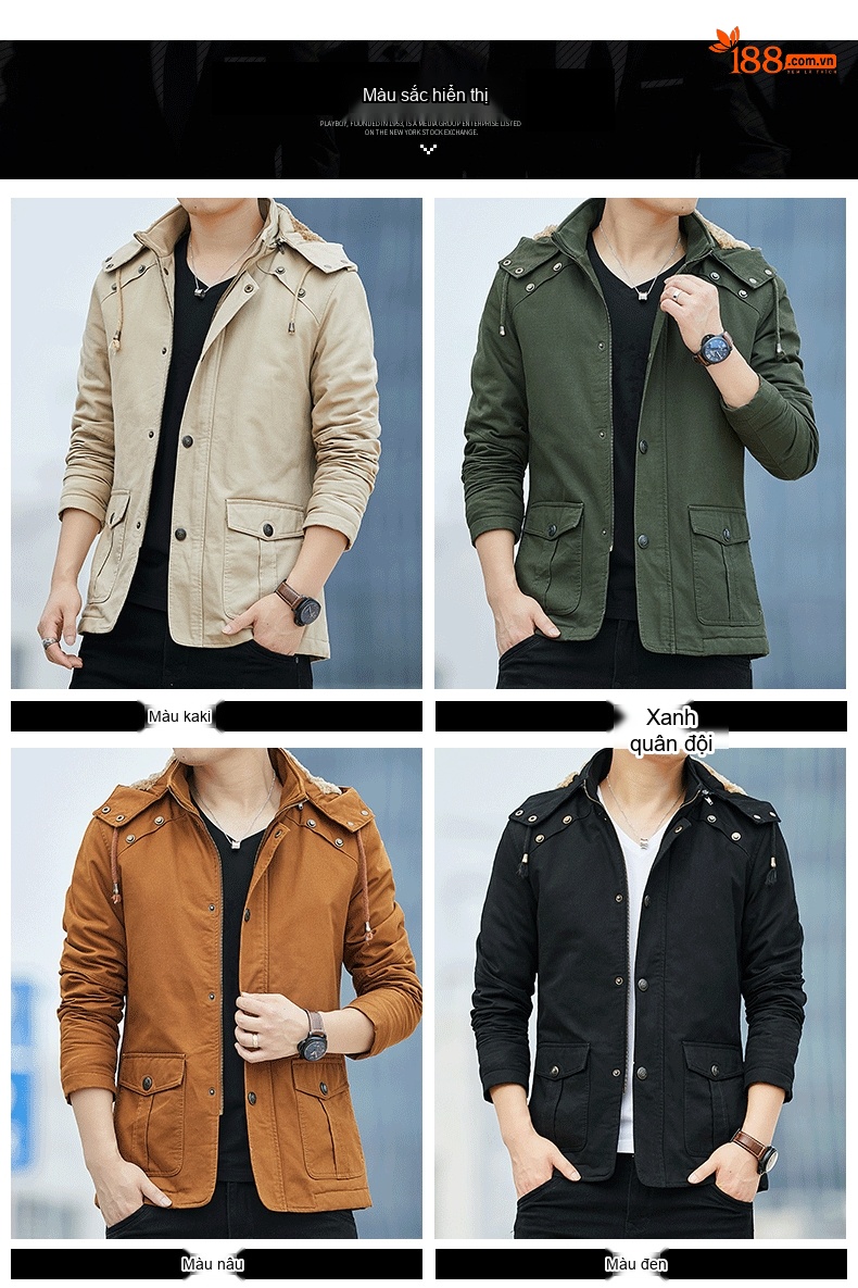 Áo Khoác Nam Cotton Lót Lông Dày Dặn Phong Cách Hàn Quốc Màu Đen, Kem, Xanh, Nâu chi tiết 1