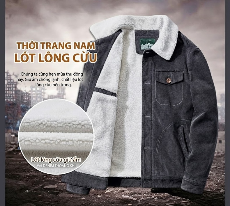 Áo Khoác Nam Cotton Lót Lông Cừu Non Dáng Rộng Màu Xám, Xanh, Nâu chi tiết 3