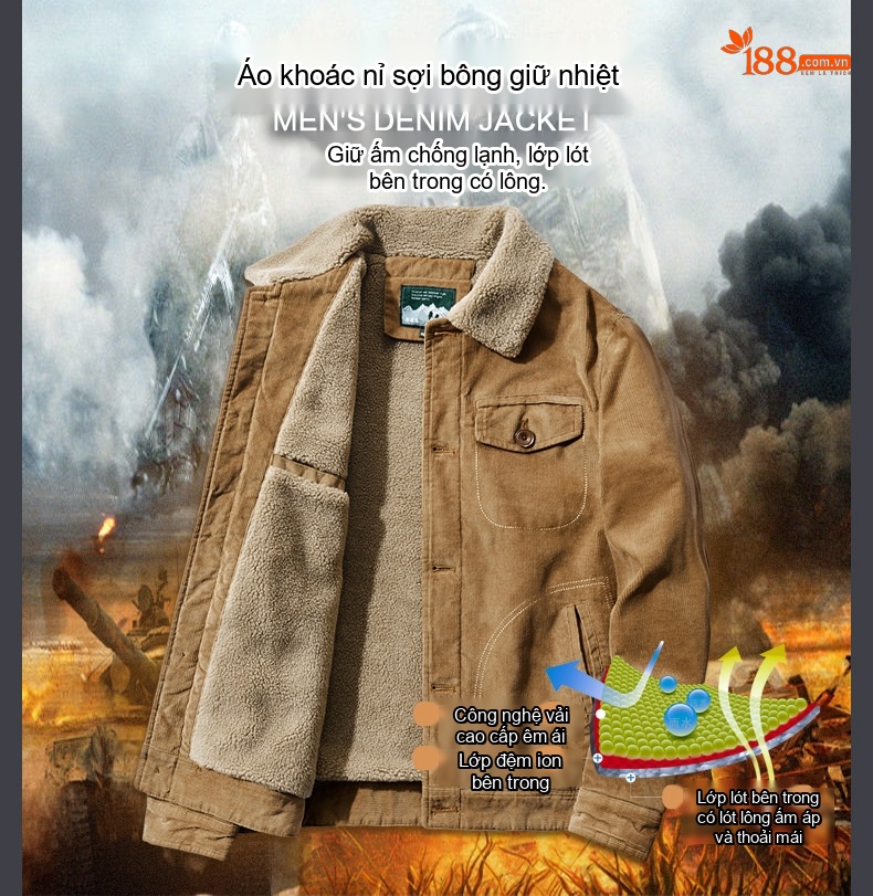 Áo Khoác Nam Cotton Lót Lông Cừu Non Dáng Rộng Màu Xám, Xanh, Nâu chi tiết 9