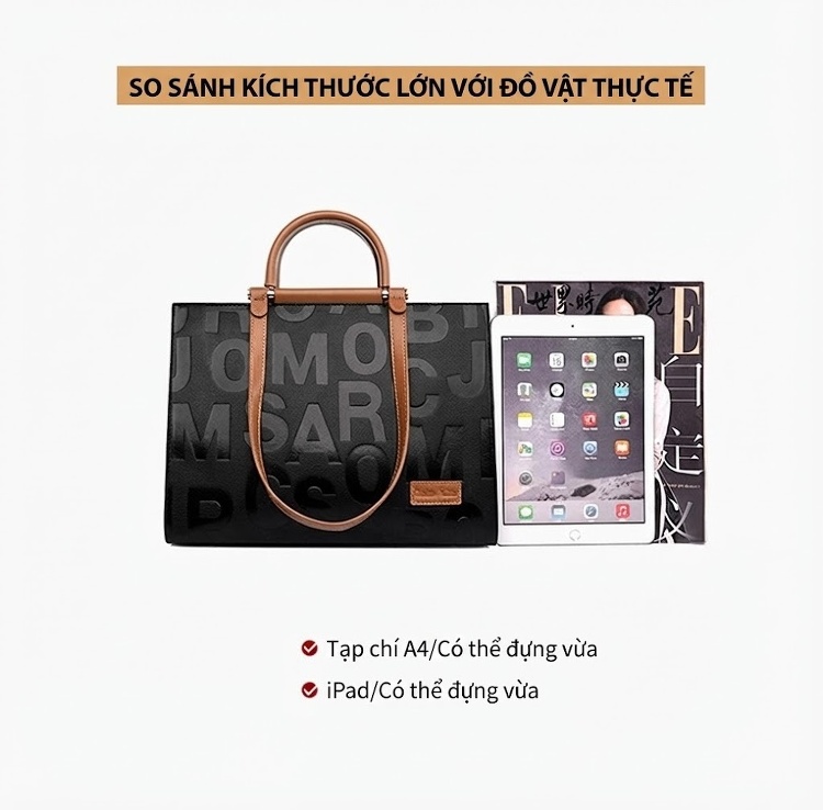 Túi Tote Nữ Da Bóng Dập Chữ Thời Trang Công Sở Dung Tích Lớn Đeo Vai, Đeo Chéo Màu Đen, Nâu chi tiết 12