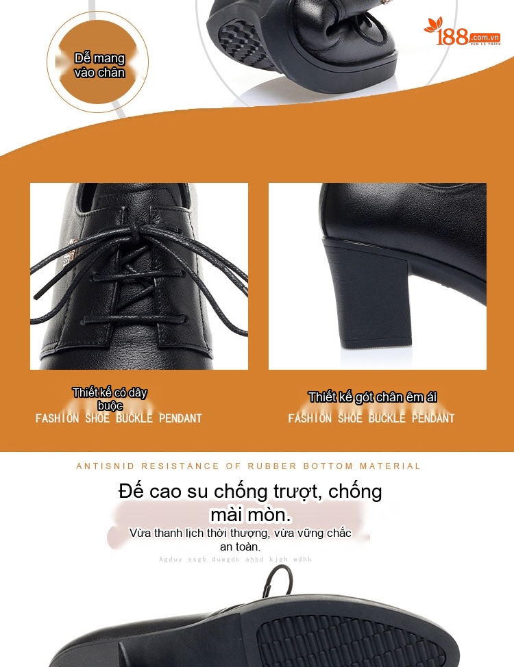 Giày Cao Gót Nữ Da Thật Buộc Dây Chiều Cao Đế Khoảng 6cm Màu Đen chi tiết 4