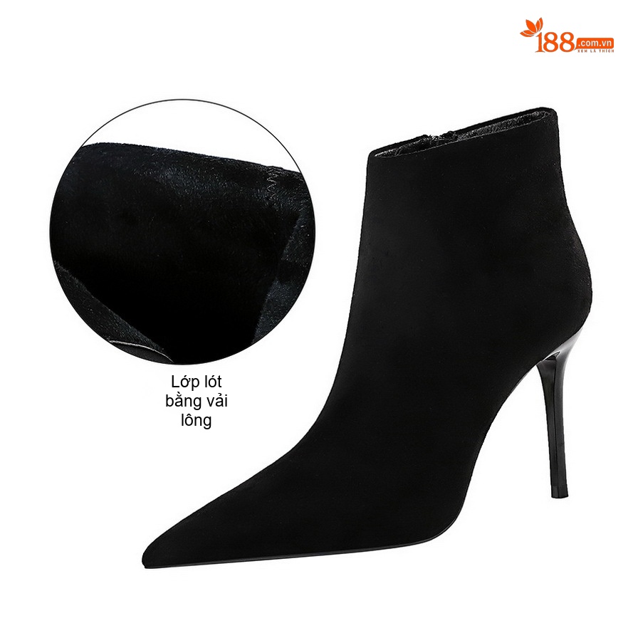 Boot Nữ Cổ Ngắn Nỉ Gót Nhọn Chiều Cao Đế Khoảng 7cm Màu Đen