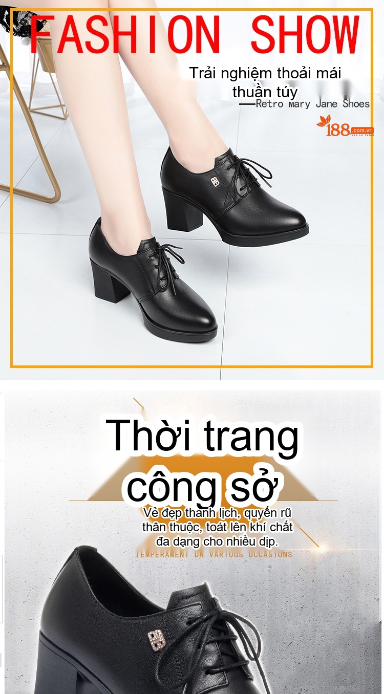 Giày Cao Gót Nữ Da Thật Buộc Dây Chiều Cao Đế Khoảng 6cm Màu Đen chi tiết 1