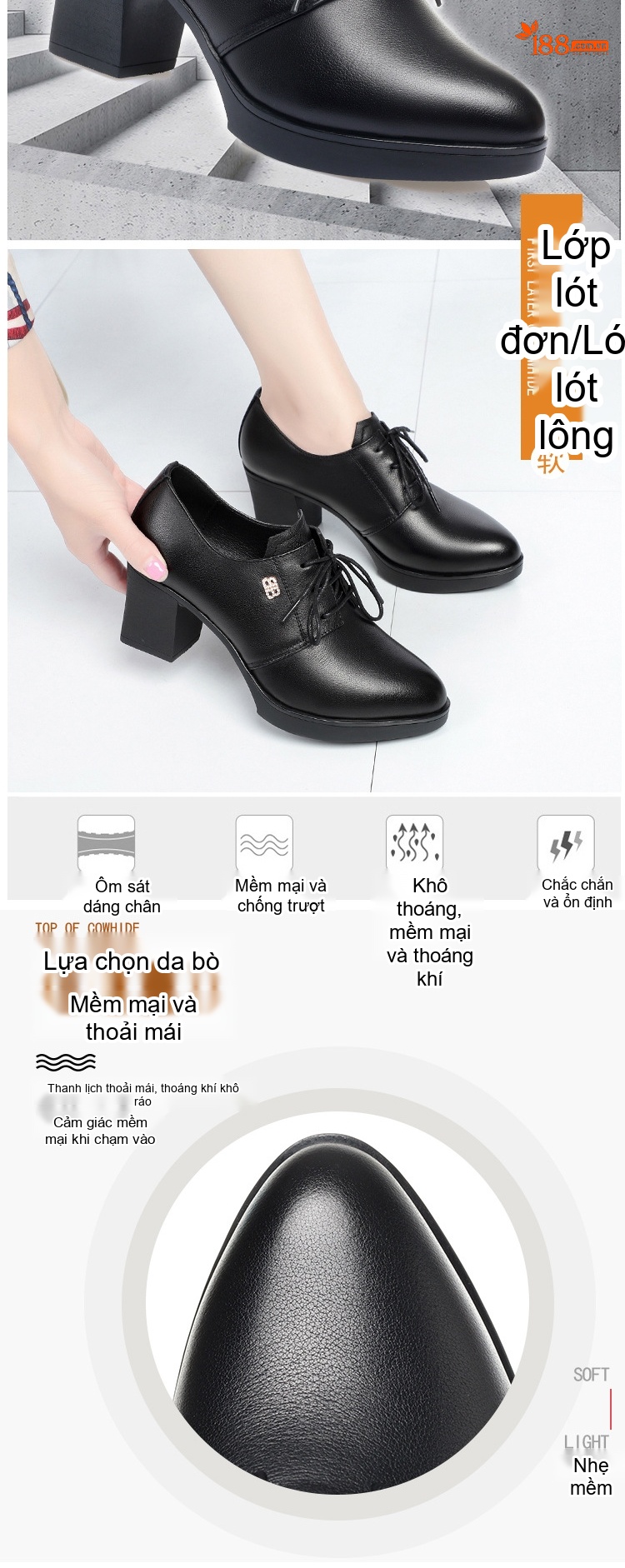 Giày Cao Gót Nữ Da Thật Buộc Dây Chiều Cao Đế Khoảng 6cm Màu Đen chi tiết 2