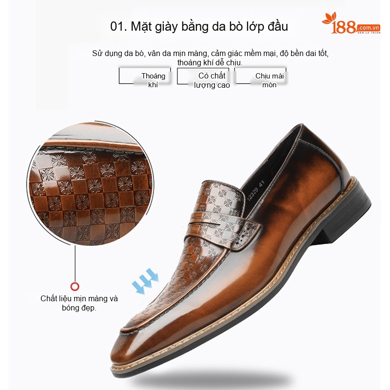 Giày Lười Nam Da Bò Bóng Chiều Cao Đế Khoảng 3cm Màu Đen, Nâu, Xám, Xanh...