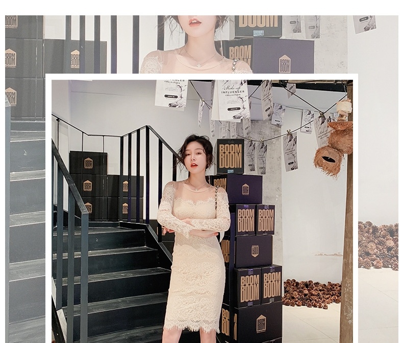 Đầm Ôm Body Nữ Lưới Ren Họa Tiết Hoa Tay Dài Màu Đen, Kem chi tiết 1