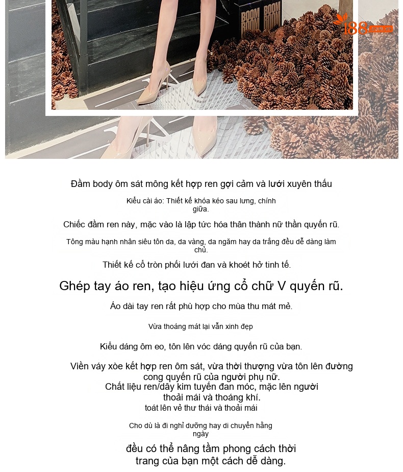 Đầm Ôm Body Nữ Lưới Ren Họa Tiết Hoa Tay Dài Màu Đen, Kem chi tiết 2