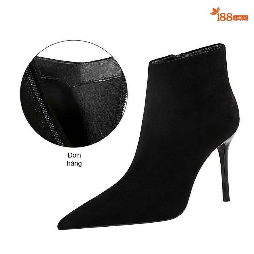 Boot Nữ Cổ Ngắn Nỉ Gót Nhọn Chiều Cao Đế Khoảng 7cm Màu Đen