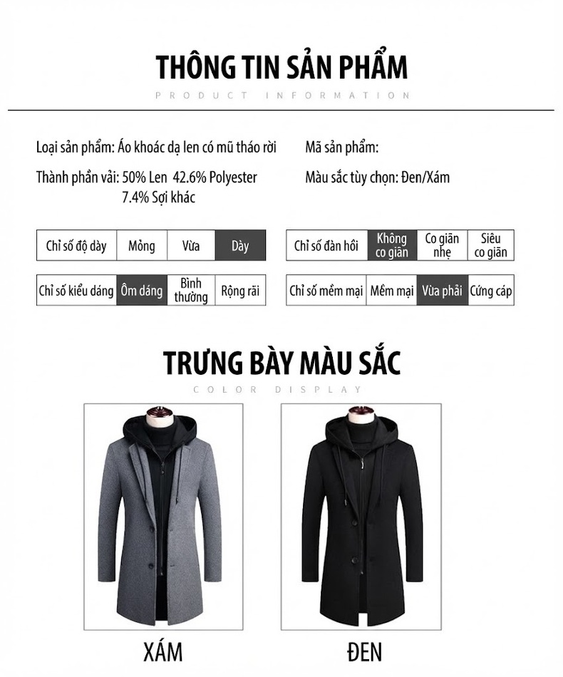 Áo Khoác Dạ Nam Dáng Dài Có Mũ Trùm Đầu Màu Đen, Xám chi tiết 5