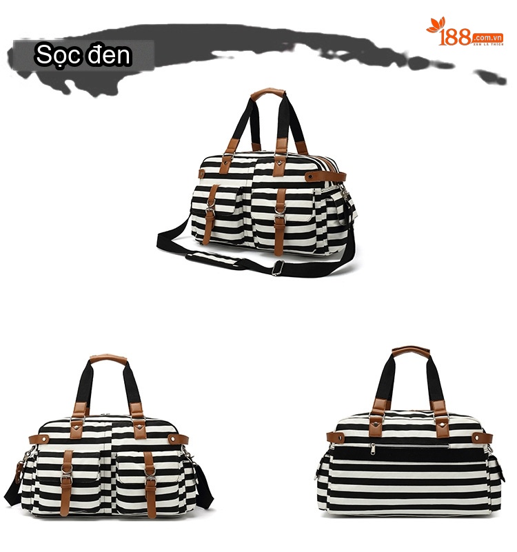 Túi Du Lịch Vải Canvas Da PU Sức Chứa Lớn Đựng Đồ Tập Gym Đi Phượt Màu Xanh Navy Sọc Trắng chi tiết 6